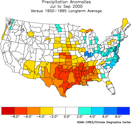 Precipitation Anomalies, Jul to Sep 2000, Versus 1950-1995 Longterm Average