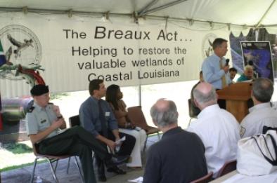 Retired Senator John Breaux speaking at CWPPRA dedication ceremony